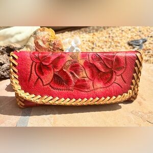 Vintage Hand-Tooled Leather Wallet Clutch – Bold Red Floral & Braided Trim